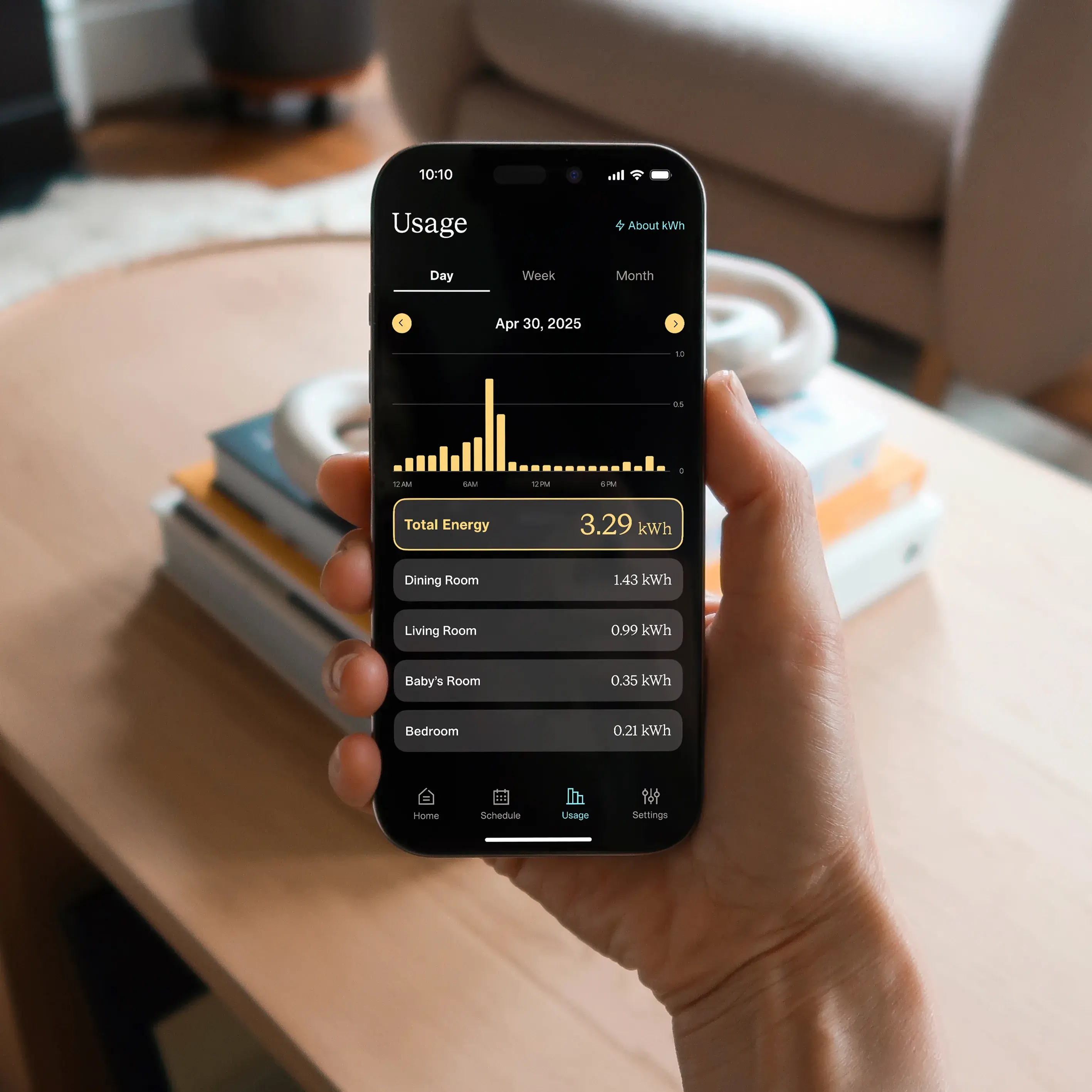 A hand holding a mobile phone showing the usage view within the Quilt app.